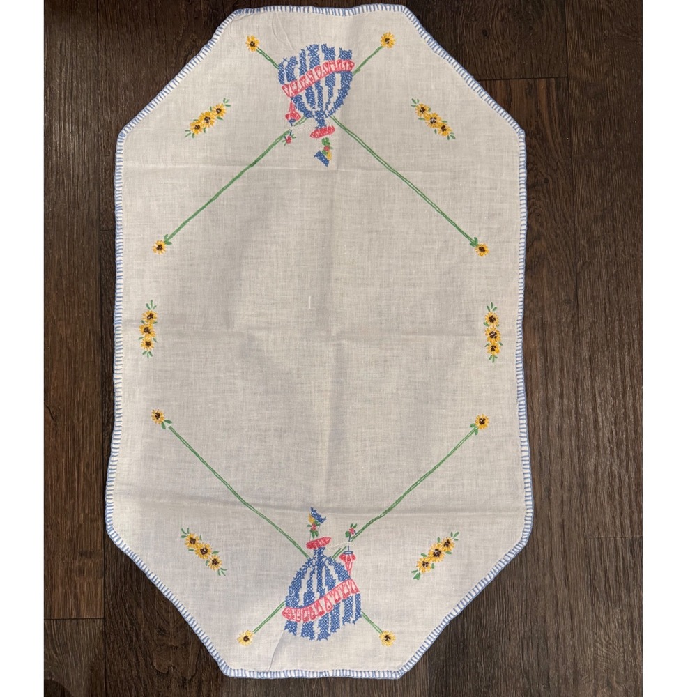 Vintage 17X34 Embroidered Table Runner Crinoline Lady Sunflower White Linen Blue